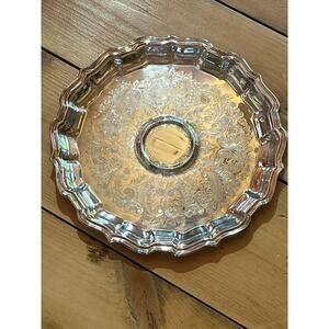 Vintage Sheffield Silver Co. Chippendale. round platter w/raised center 4 bowl.